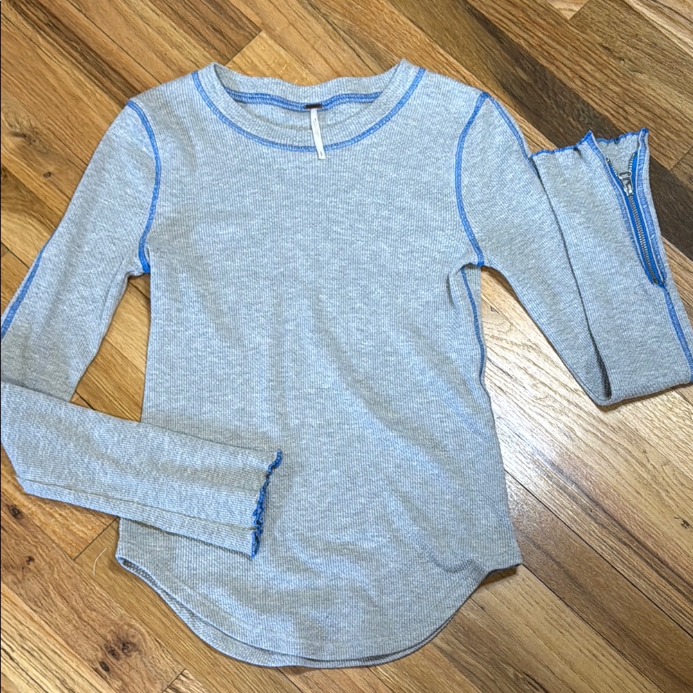Free People Gray Waffle Shirt With Zip Sleeves And Contrast Stitching